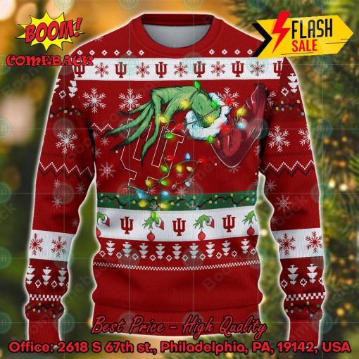 NCAA Indiana Hoosiers Grinch Hand Christmas Light Ugly Christmas Sweater