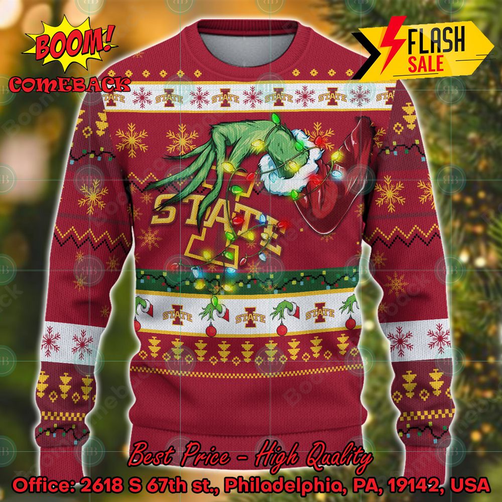 NCAA Iowa State Cyclones Grinch Hand Christmas Light Ugly Christmas Sweater