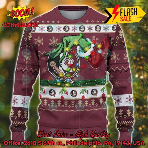 NCAA lorida State Seminoles Grinch Hand Christmas Light Ugly Christmas Sweater