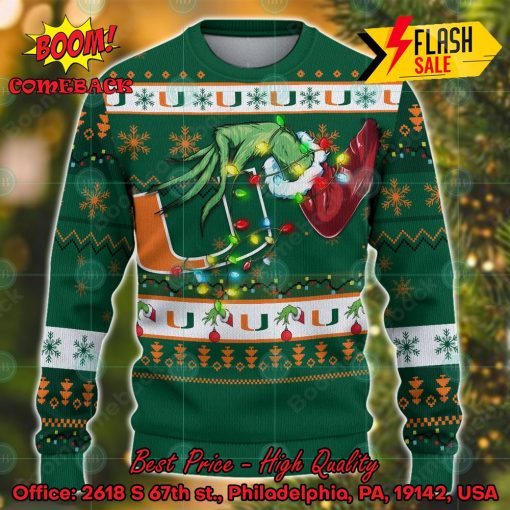 NCAA Miami Hurricanes Grinch Hand Christmas Light Ugly Christmas Sweater