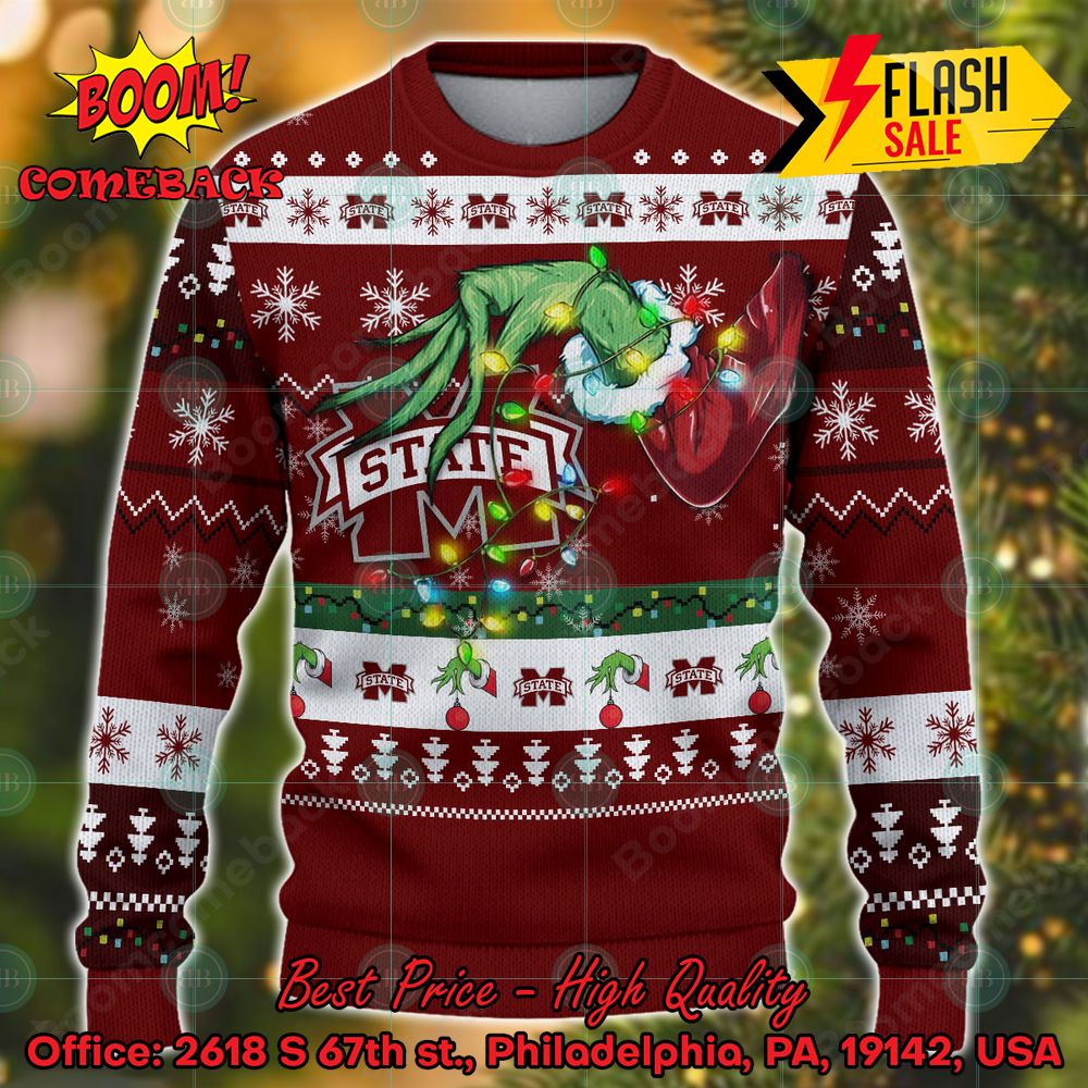 NCAA Mississippi State Bulldogs Grinch Hand Christmas Light Ugly Christmas Sweater