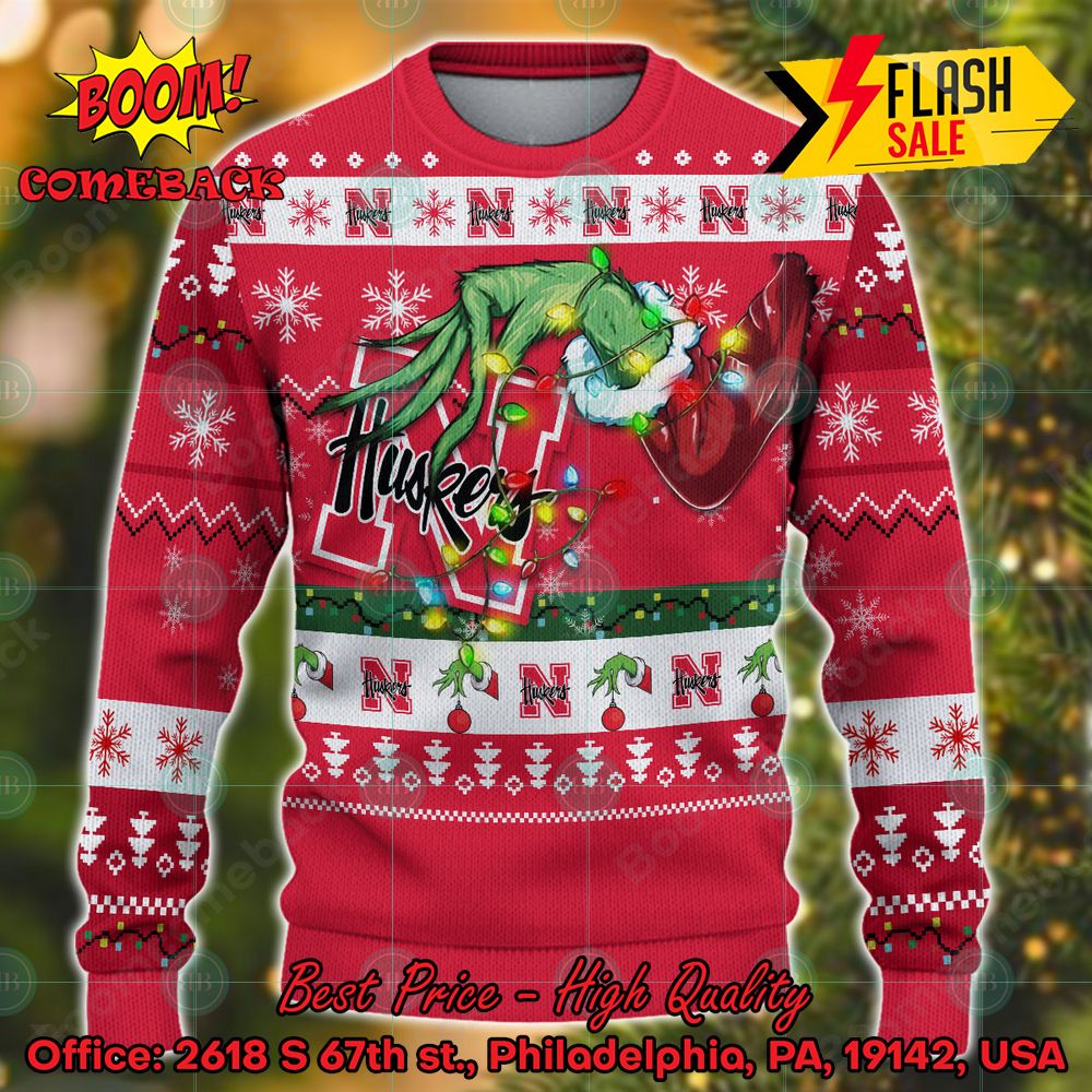 ncaa nebraska cornhuskers grinch hand christmas light ugly christmas sweater 1 OAvvL
