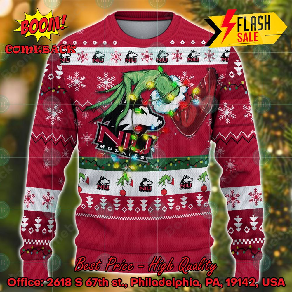 NCAA Northern Illinois Huskies Grinch Hand Christmas Light Ugly Christmas Sweater