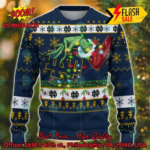 NCAA Notre Dame Fighting Irish Grinch Hand Christmas Light Ugly Christmas Sweater