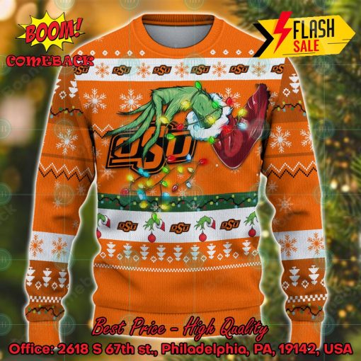 NCAA Oklahoma State Cowboys Grinch Hand Christmas Light Ugly Christmas Sweater