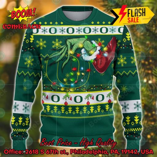 NCAA Oregon Ducks Grinch Hand Christmas Light Ugly Christmas Sweater