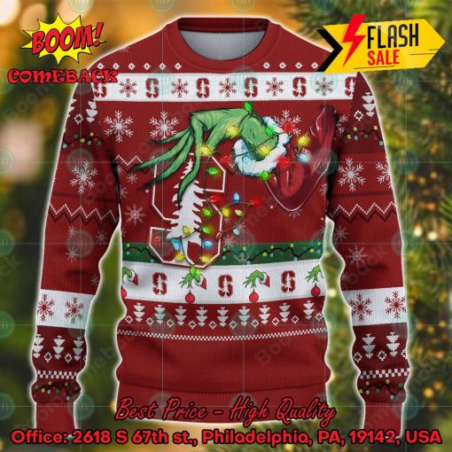 NCAA Stanford Cardinal Grinch Hand Christmas Light Ugly Christmas Sweater