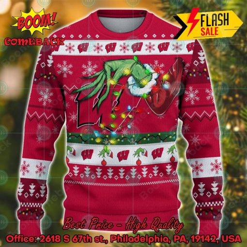 NCAA Wisconsin Badgers Grinch Hand Christmas Light Ugly Christmas Sweater