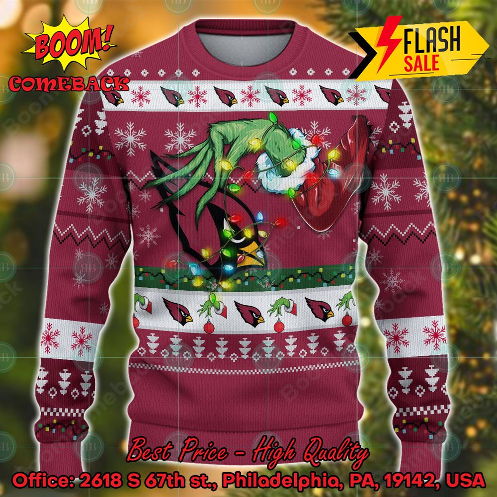 NFL Arizona Cardinals Grinch Hand Christmas Light Ugly Christmas Sweater
