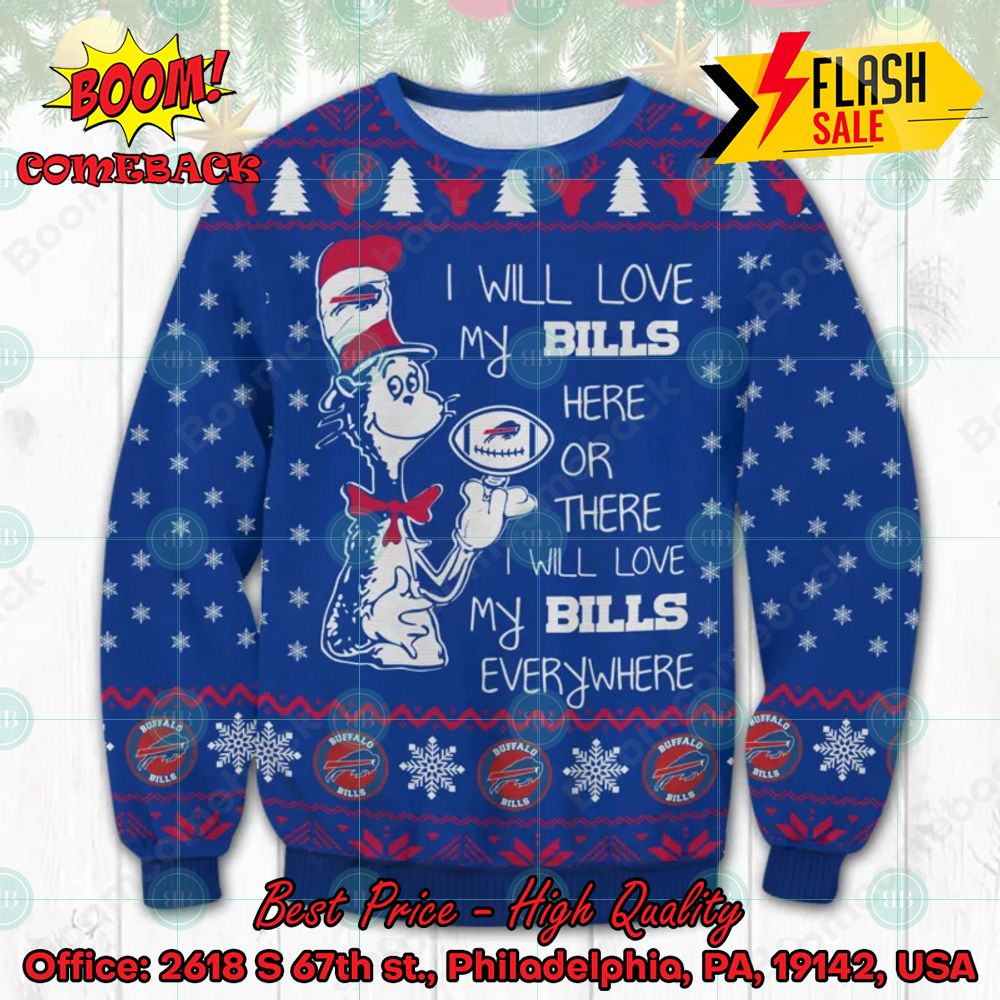 NFL Buffalo Bills Dr Seuss I Will Love My Bills Everywhere Ugly Christmas Sweater