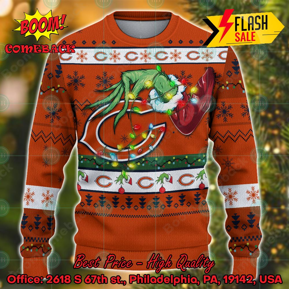 NFL Chicago Bears Grinch Hand Christmas Light Ugly Christmas Sweater