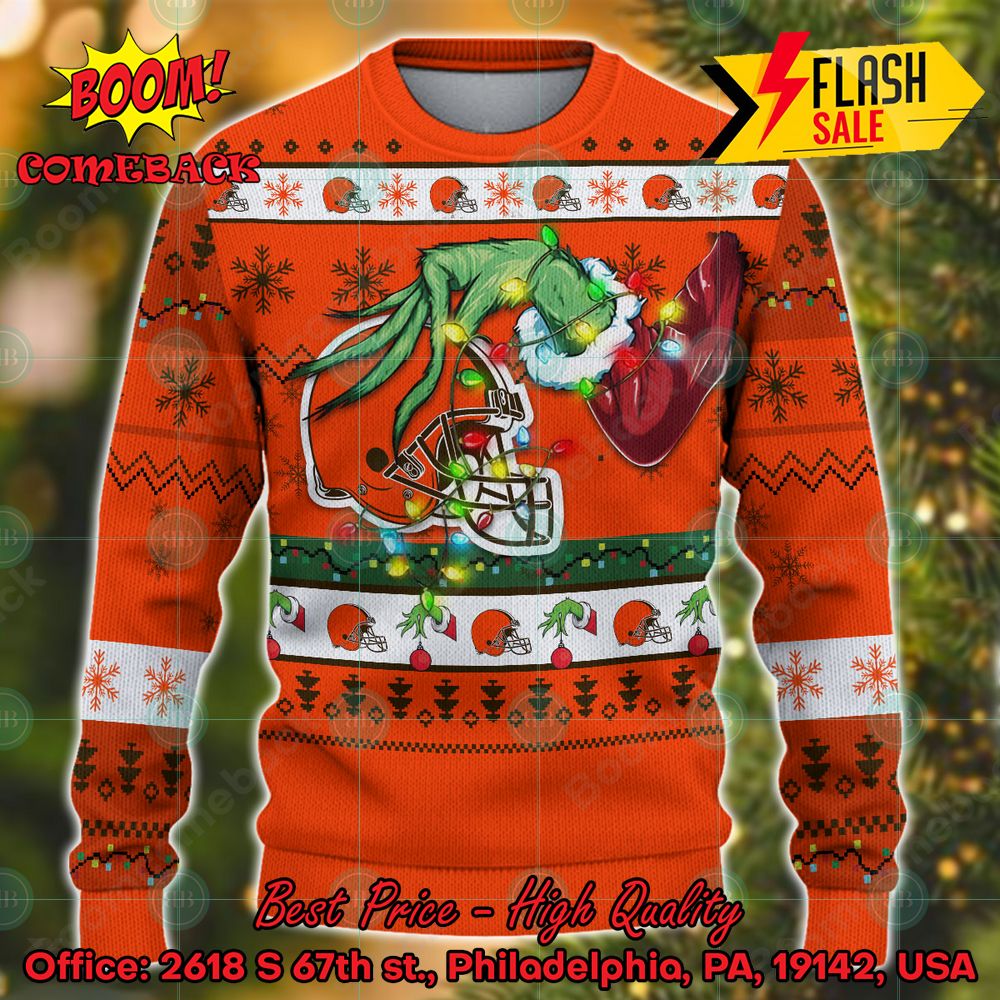 NFL Cleveland Browns Grinch Hand Christmas Light Ugly Christmas Sweater