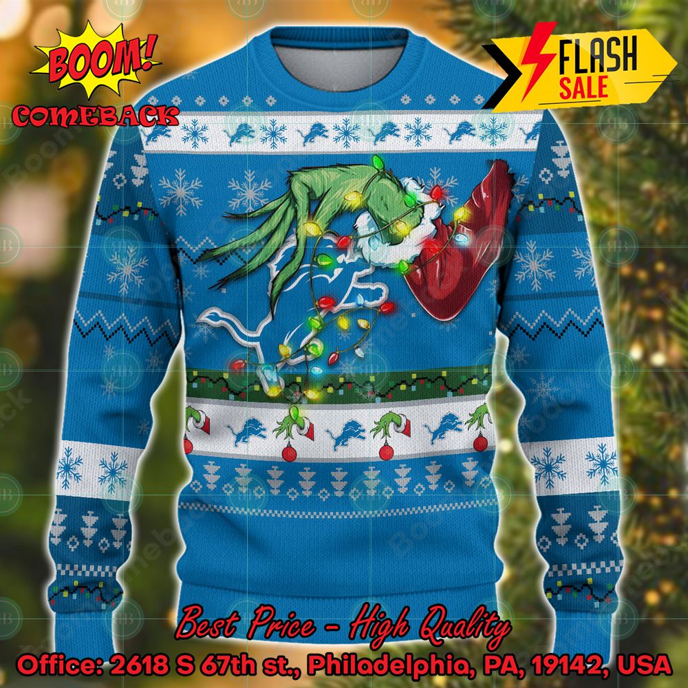NFL Detroit Lions Grinch Hand Christmas Light Ugly Christmas Sweater