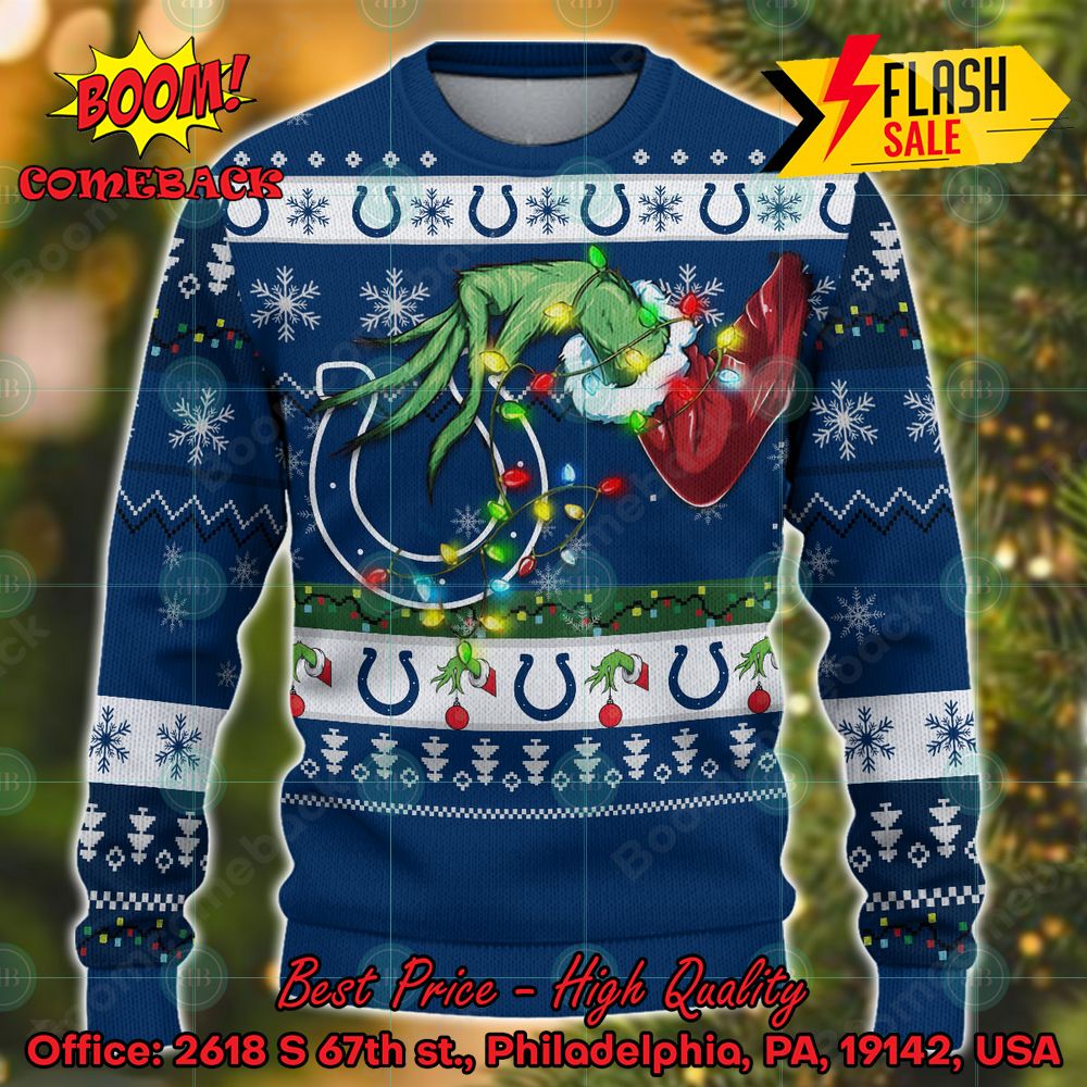 NFL Indianapolis Colts Grinch Hand Christmas Light Ugly Christmas Sweater