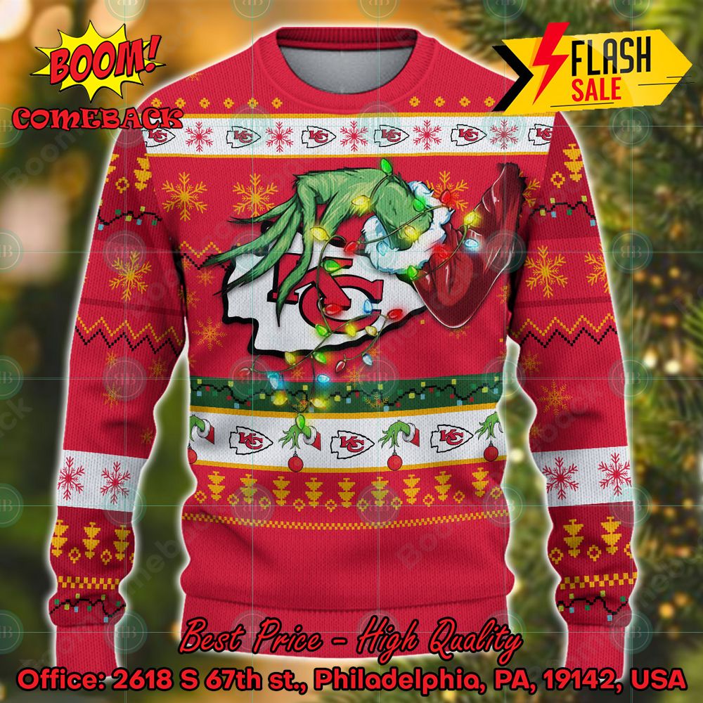 NFL Kansas City Chiefs Grinch Hand Christmas Light Ugly Christmas Sweater