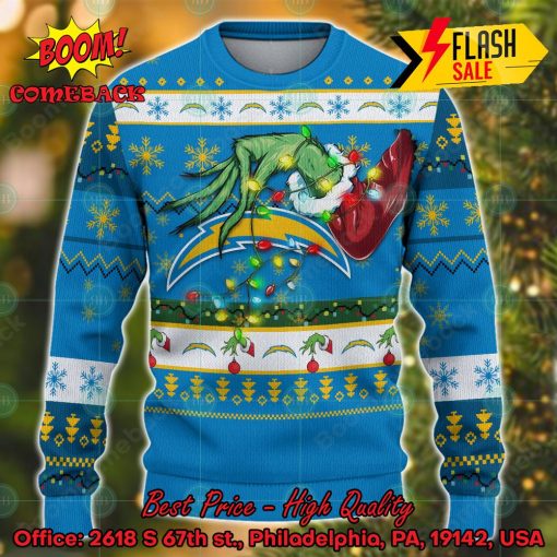 NFL Los Angeles Chargers Grinch Hand Christmas Light Ugly Christmas Sweater