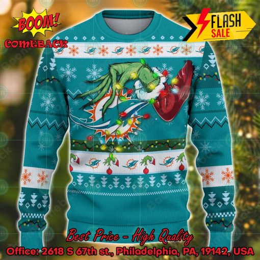 NFL Miami Dolphins Grinch Hand Christmas Light Ugly Christmas Sweater