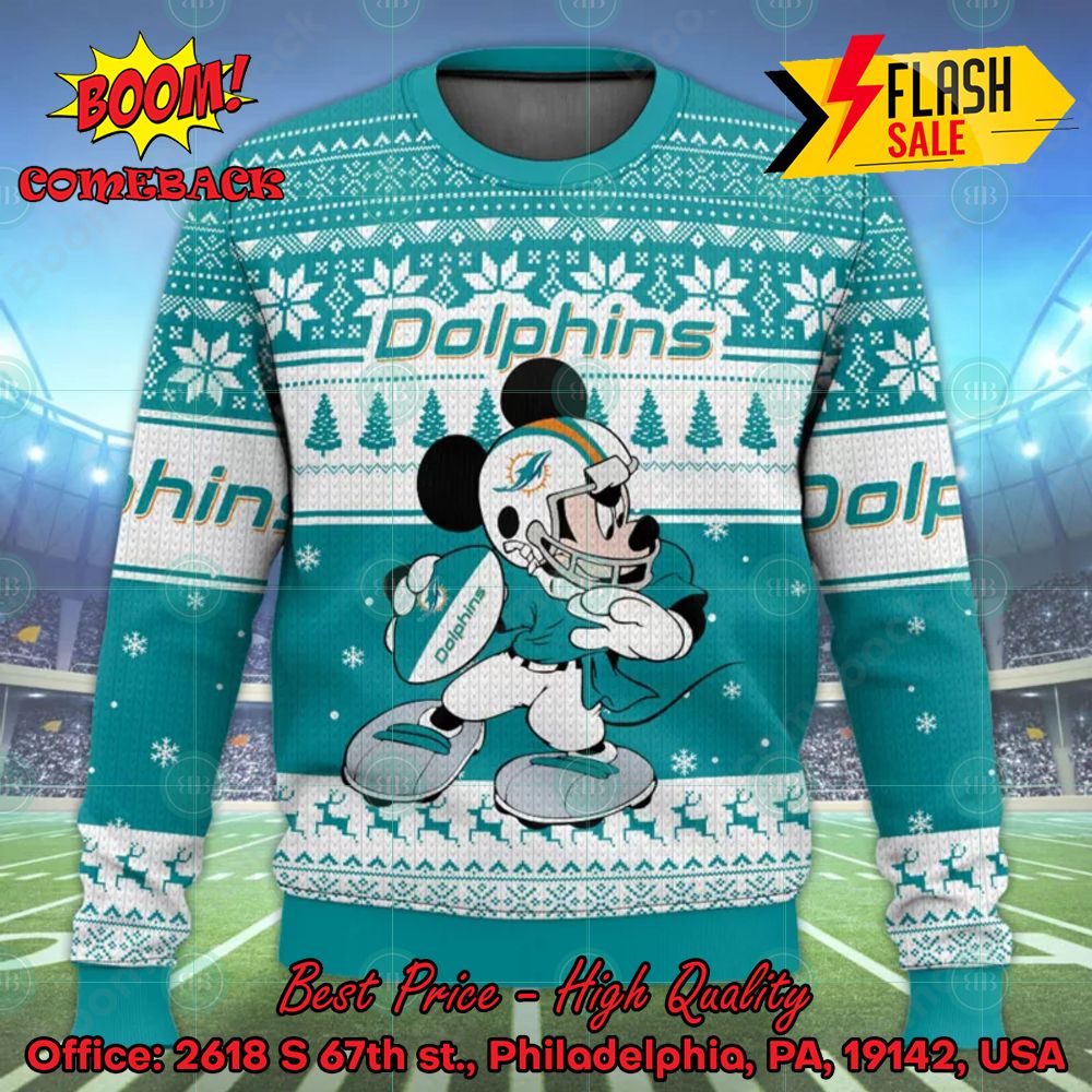 nfl miami dolphins mickey mouse player ugly christmas sweater 1 OMJnQ