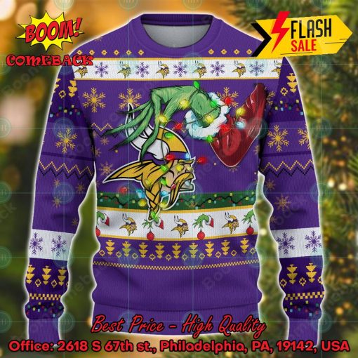 NFL Minnesota Vikings Grinch Hand Christmas Light Ugly Christmas Sweater