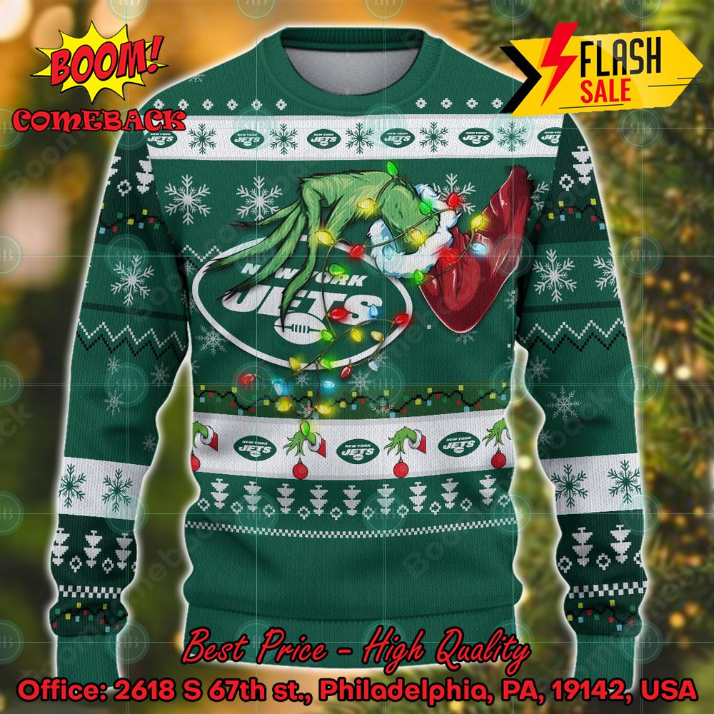 NFL New York Giants Grinch Hand Christmas Light Ugly Christmas Sweater