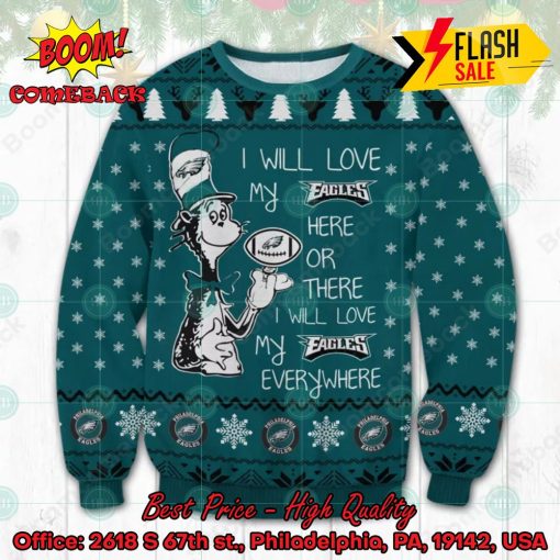 NFL Philadelphia Eagles Dr Seuss I Will Love My Eagles Everywhere Ugly Christmas Sweater