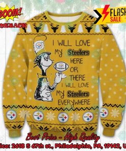 NFL Pittsburgh Steelers Dr Seuss I Will Love My Steelers Everywhere Ugly Christmas Sweater