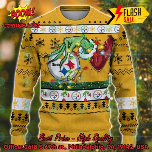 NFL Pittsburgh Steelers Grinch Hand Christmas Light Ugly Christmas Sweater