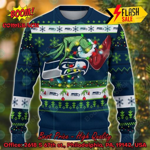 NFL Seattle Seahawks Grinch Hand Christmas Light Ugly Christmas Sweater