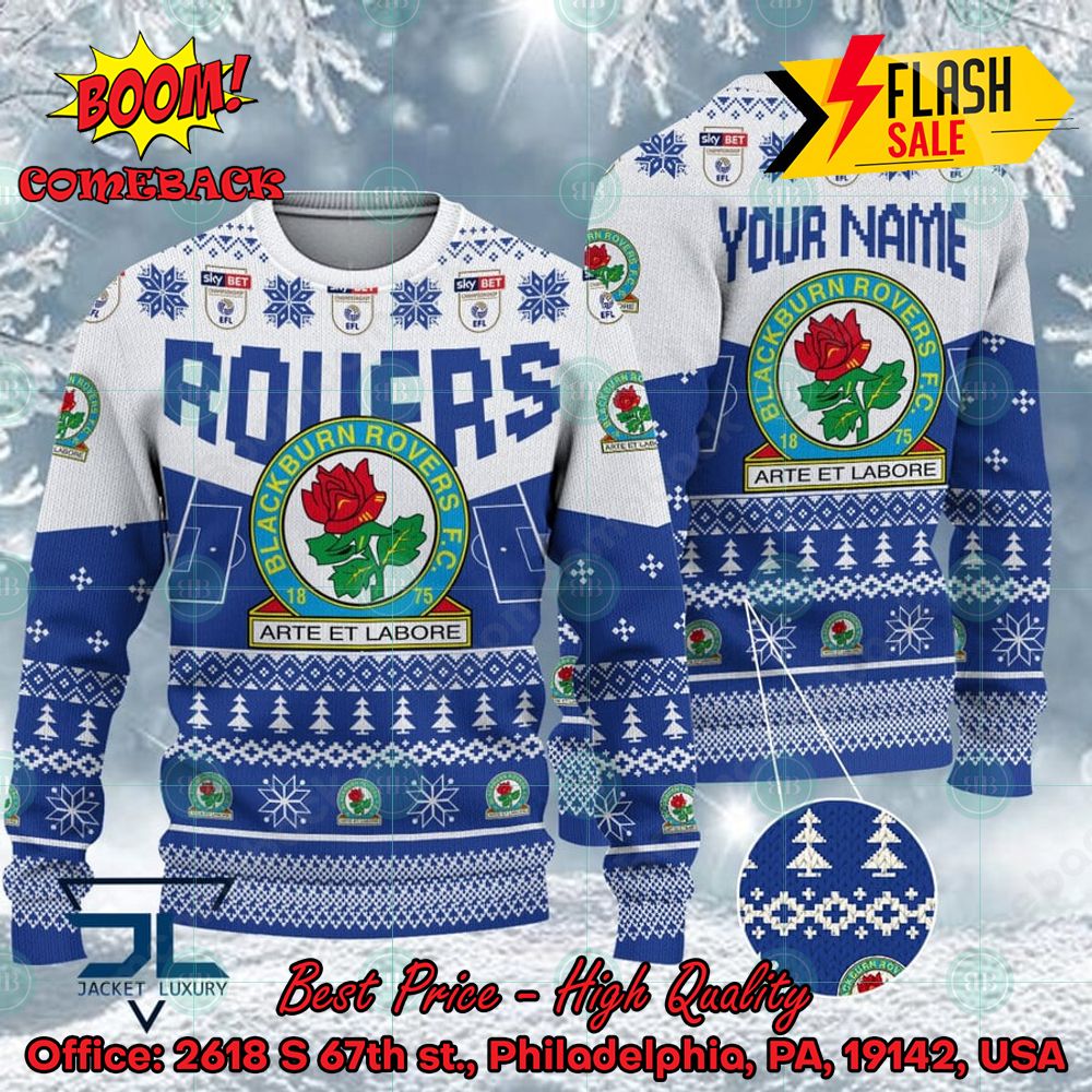 Blackburn Rovers FC Big Logo Personalized Name Ugly Christmas Sweater