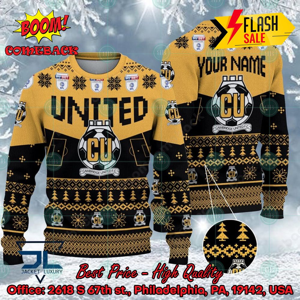 Cambridge United FC Big Logo Personalized Name Ugly Christmas Sweater