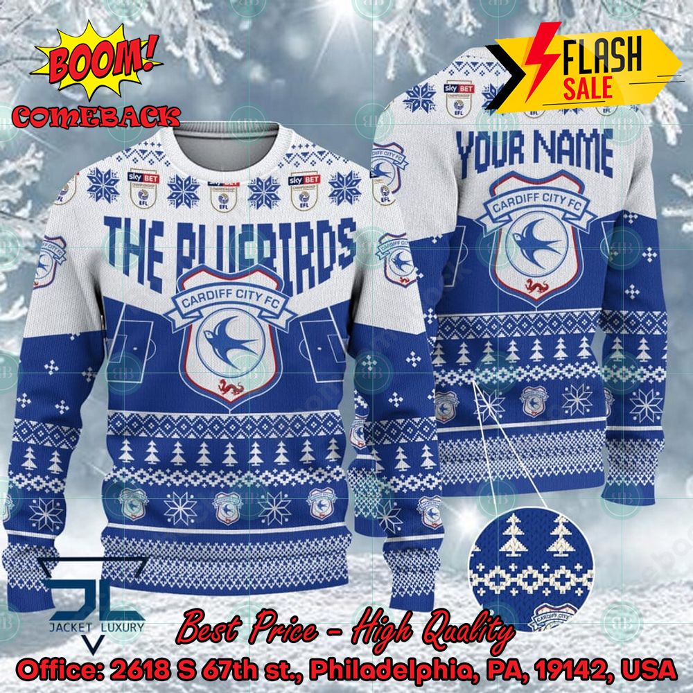 Cardiff City FC Big Logo Personalized Name Ugly Christmas Sweater