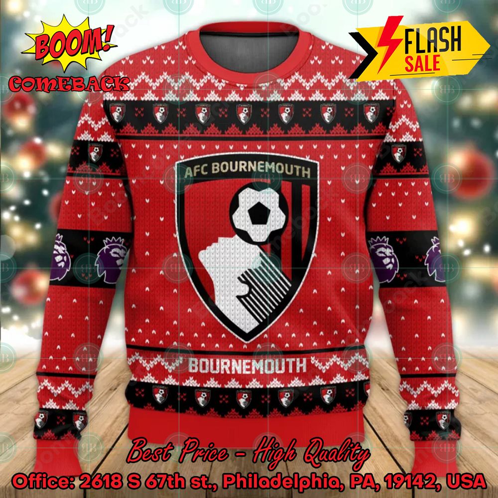 EPL 2023 AFC Bournemouth Big Logo Ugly Christmas Sweater