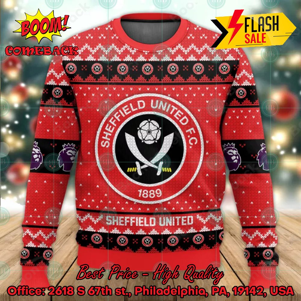 epl 2023 sheffield united big logo ugly christmas sweater 1 eeVNm