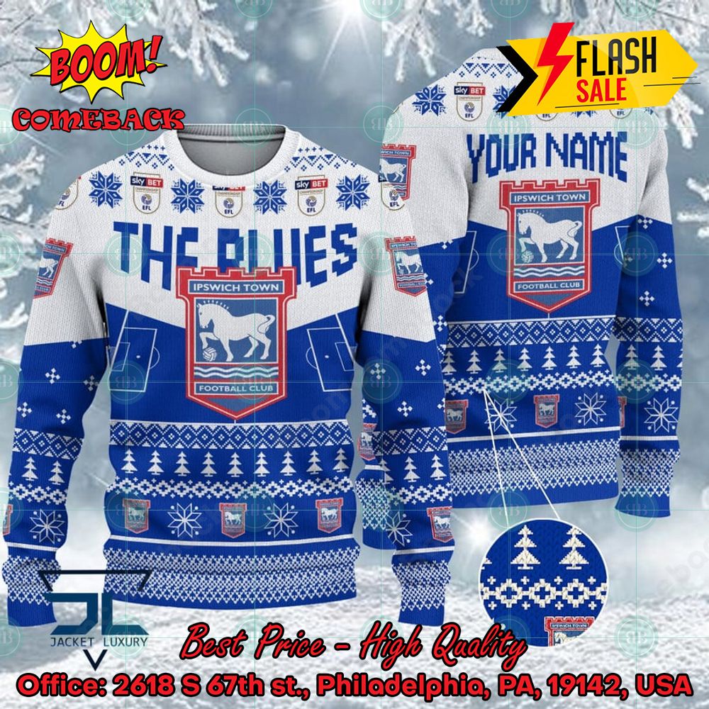 Ipswich Town FC Big Logo Personalized Name Ugly Christmas Sweater