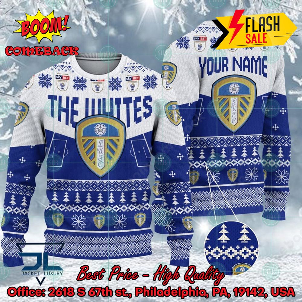 Leeds United FC Big Logo Personalized Name Ugly Christmas Sweater