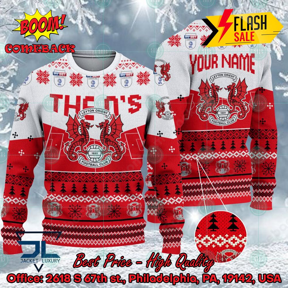 Leyton Orient FC Big Logo Personalized Name Ugly Christmas Sweater