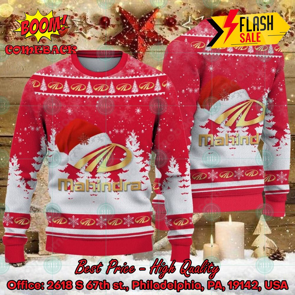 Mahindra Big Logo Santa Hat Ugly Christmas Sweater