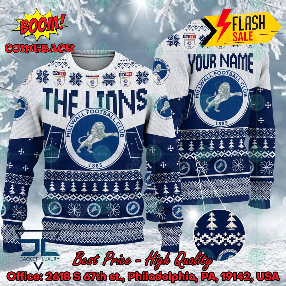 Millwall FC Big Logo Personalized Name Ugly Christmas Sweater