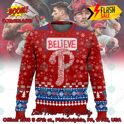 MLB Philadelphia Phillies Believe Team Names Ugly Christmas Sweater