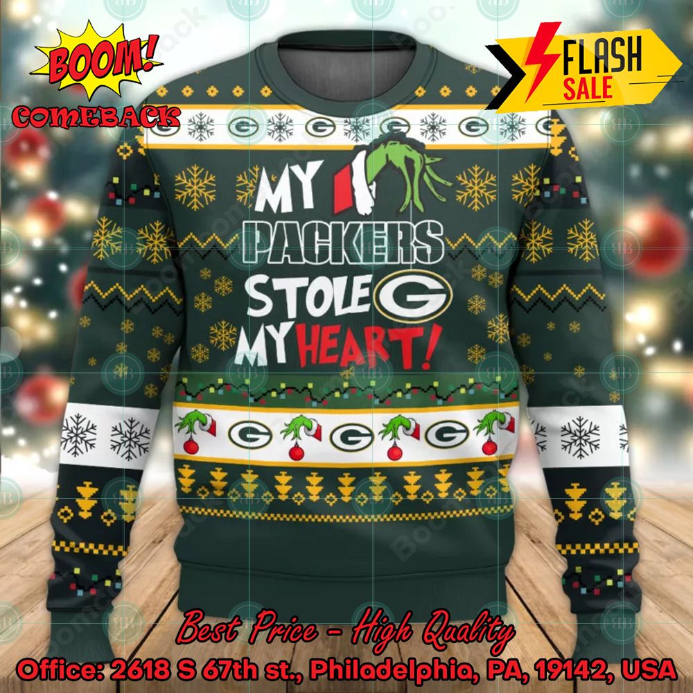 NFL Green Bay Packers Grinch Hand My Packers Stole My Heart Ugly Christmas Sweater