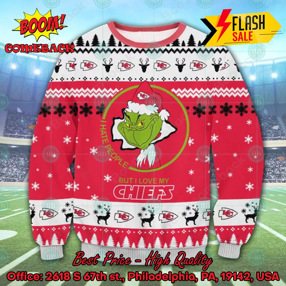 NFL Kansas City Chiefs Grinch I Hate People But I Love My Chiefs Christmas Sweater