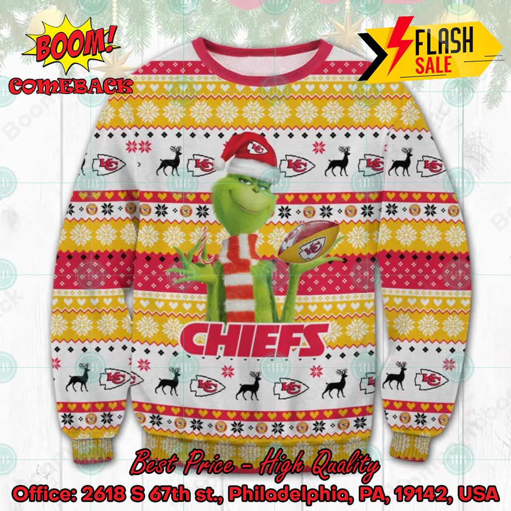 NFL Kansas City Chiefs Grinch Santa Hat Ugly Christmas Sweater