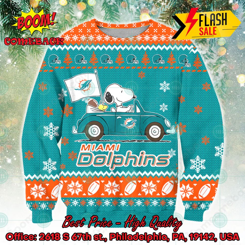 nfl miami dolphins snoopy driving car ugly christmas sweater 1 H7Chs