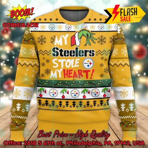 NFL Pittsburgh Steelers Grinch Hand My Steelers Stole My Heart Ugly Christmas Sweater