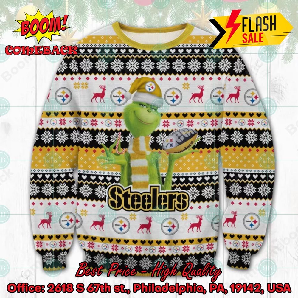 NFL Pittsburgh Steelers Grinch Santa Hat Pine Tree Ugly Christmas Sweater