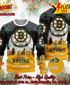 NHL Boston Bruins Santa Claus In The Moon Personalized Name Ugly Christmas Sweater