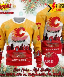 NHL Calgary Flames Santa Claus In The Moon Personalized Name Ugly Christmas Sweater