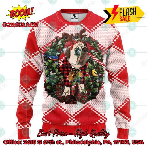 NHL Chicago Blackhawks Pug Candy Cane Ugly Christmas Sweater