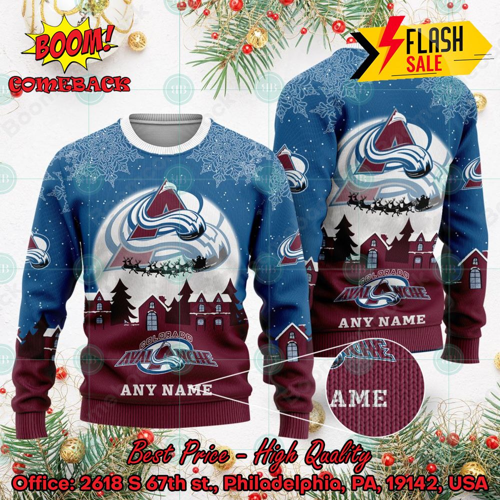 NHL Colorado Avalanche Santa Claus In The Moon Personalized Name Ugly Christmas Sweater