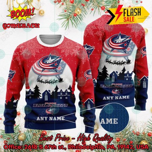 NHL Columbus Blue Jackets Santa Claus In The Moon Personalized Name Ugly Christmas Sweater